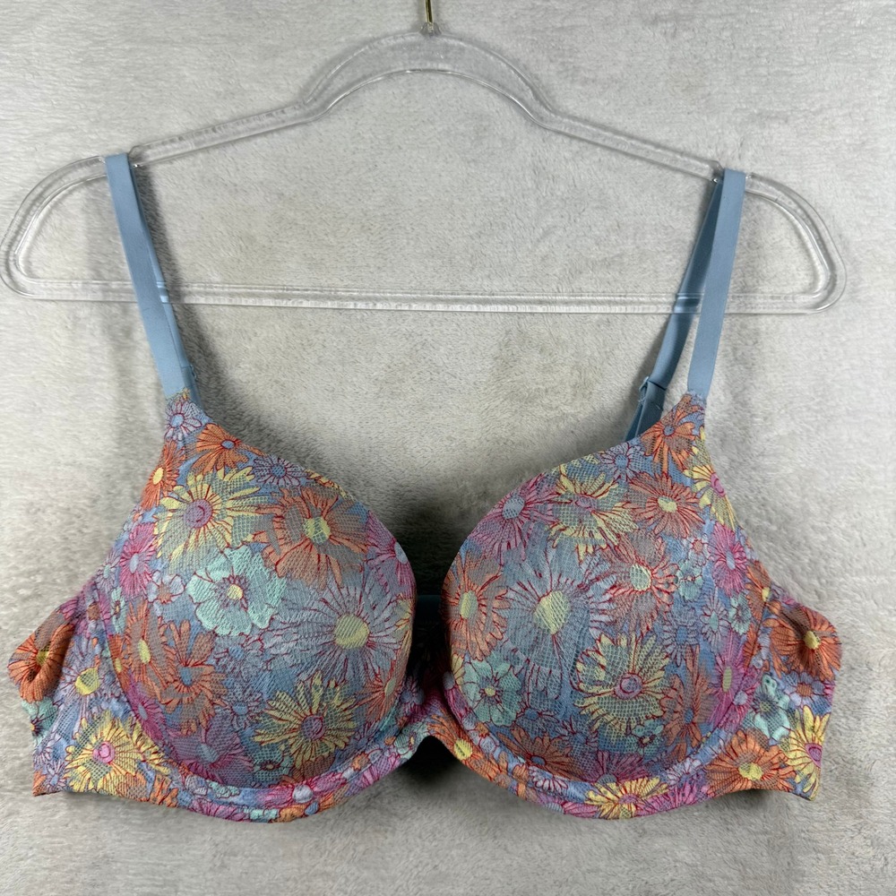No Boundaries Floral Lace Underwire T-Shirt Bra Blue Pink Orange 40C